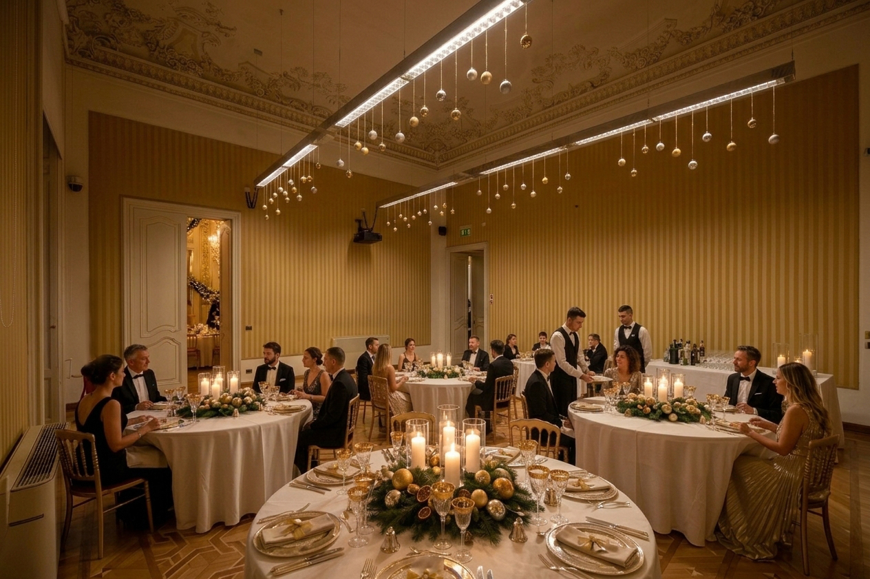 Allestimento per cena di gala ed eventi aziendali nella Sala Dorata a Genova